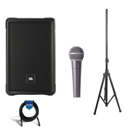 JBL IRX108BT 8" Two-Way Portable Powered PA Loudspeaker with Bluetooth - Behringer ULTRAVOICE XM8500 Dynamic Cardioid Vocal Microphone - 6' Speaker Stand - 20' XLR Cable