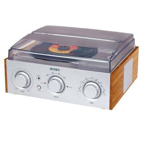 Jensen JTA-220 3-Speed Stereo Turntable with AM/FM Stereo Radio - Wooden Cabinet