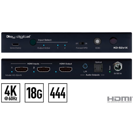 Key Digital KD-S2x1X 2x 1 4K/18G HDMI Switcher with L/R Optical Audio