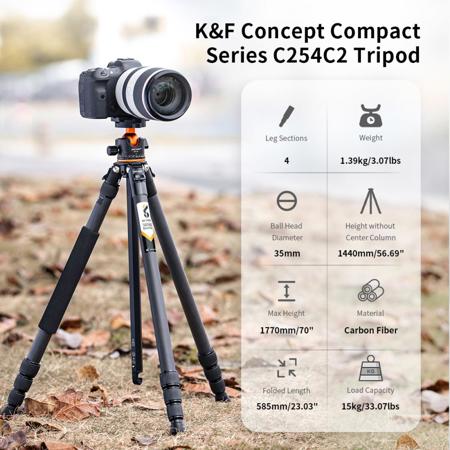 K&F Concept A254C4 4-Section Carbon Fiber Travel Tripod/Monopod with Ball Head, Black