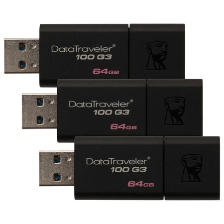 Kingston Technology 64GB DataTraveler 100 (G3) USB 3.0 Flash Drive, 3-Pack
