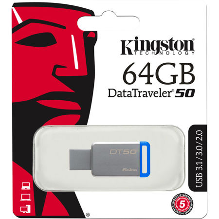 Kingston Technology DataTraveler 50 64GB USB 3.0 Flash Drive, Metal/Blue