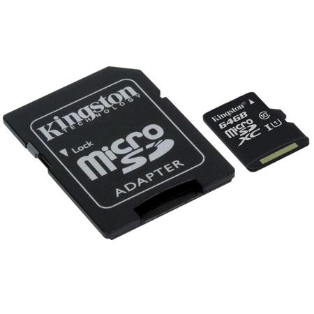 Kingston Technology 64GB Class 10 UHS-I microSDXC Memory Card with SD Adapter