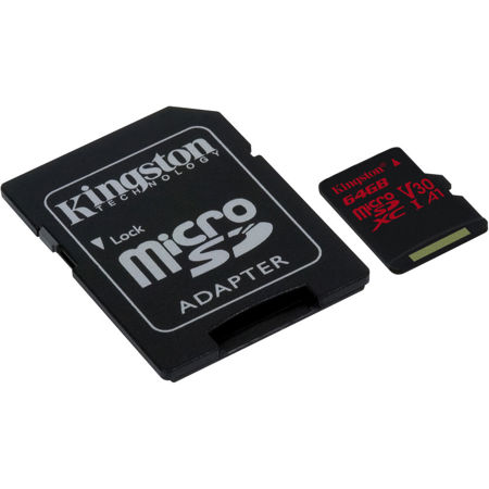 Kingston Technology Canvas React 64GB UHS-I Class 10 U3 V30 A1 microSDXC w/Adapt