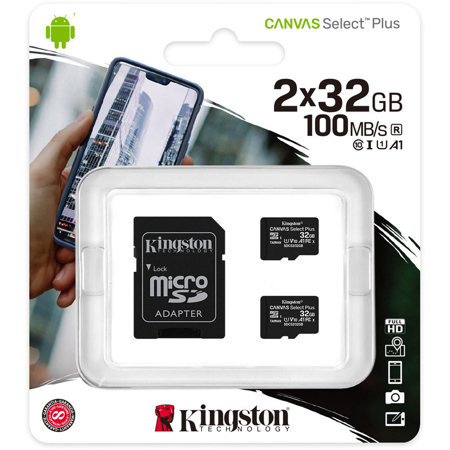 Kingston Technology Canvas Select Plus 32GB microSDHC Card, SD Adapter, 2-Pack