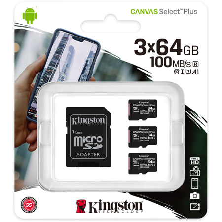 Kingston Technology Canvas Select Plus 64GB microSDXC Card, SD Adapter, 3-Pack