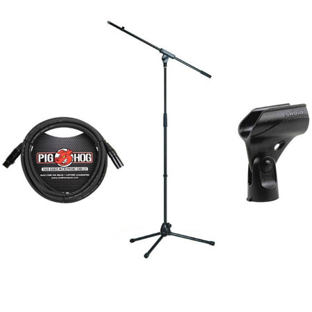 K&M 21070 Microphone Stand with Boom Arm, Microphone Stand Adapter, 8" XLR Cable, Black