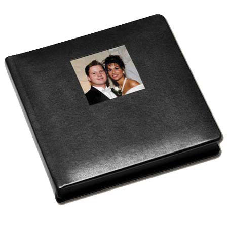 Leather Album Designs Corina Pro Series Library Bound Album with Front Cover Window, 18 Pages, Holds 36-10x10" Photos, Black Eurohyde Covers and Black Pages with Black Gilding.