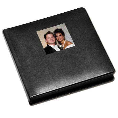 Leather Album Designs Corina Pro Series Library Bound Album with Front Cover Window, 40 Pages, Holds 80-10x10" Photos, Black Eurohyde Covers and Black Pages with Black Gilding.