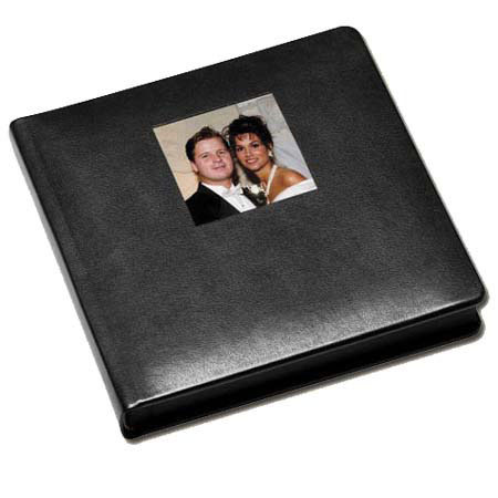 Leather Album Designs Corina Pro Series Library Bound Album with Front Cover Window, 20 Pages, Holds 40-8x10" Photos, Black Eurohyde Covers and Black Pages with Black Gilding.
