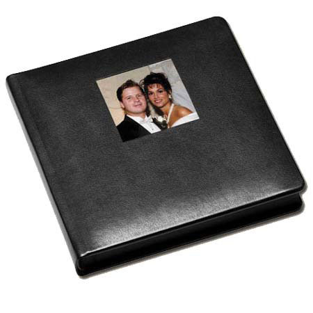 Leather Album Designs Corina Pro Series Library Bound Album with Front Cover Window, 35 Pages, Holds 70-8x10" Photos, Black Eurohyde Covers and Black Pages with Black Gilding.