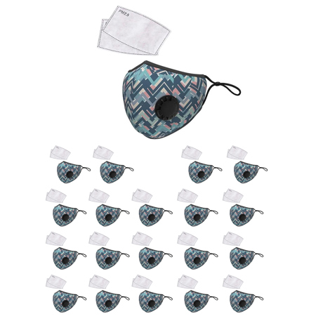 LANDOU Reusable Fabric Face Mask with PM2.5 Filters & External Valve for Adults, Blue Design, 20-Pack