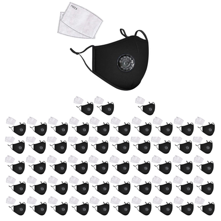LANDOU Reusable Fabric Face Mask with PM2.5 Filters & External Valve for Adults, Black, 54-Pack
