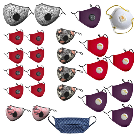 LANDOU 2x Reusable Fabric Mask with PM2.5 Filters & Valve, Black/White, Bundle with 15x Mask with PM2.5 Filters Red/Purple/Floral/Pink, 6x Kids Fabric Mask Red/Purple, 10x Mr. Biz Navy Mask and Respirator, Reusable 2-Layer Cotton Face Mask