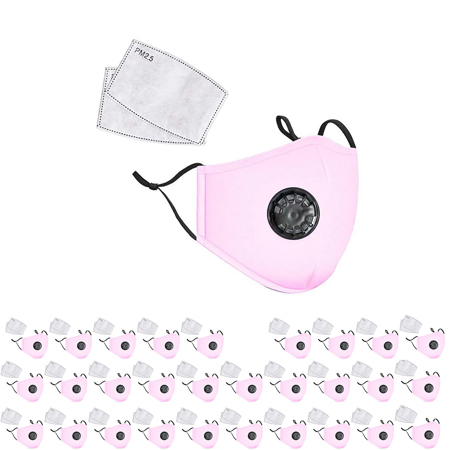 LANDOU Reusable Fabric Face Mask with PM2.5 Filters & External Valve for Adults, Pink, 30-Pack