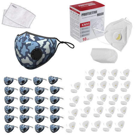 LANDOU 23x Reusable Fabric Marbel Face Mask with PM2.5 Filters & External Valve, Bundle with 230x KN95 Protective Face Masks with Filter