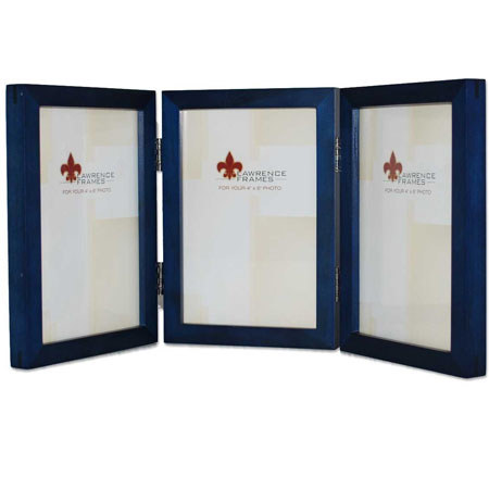 Lawrence Wood Series, Hinged Wood Molding Frame for Three 4x6" Photographs, Color: Blue