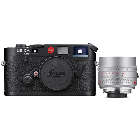 Leica M6 35mm Film Rangefinder Camera, Black, Bundle with 35mm f/1.4 Summilux-M ASPH Lens, 2022 Version, Silver