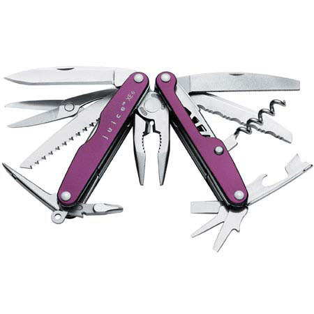 Leatherman Juice Xe6 Multi-Tool, Stainless Steel with Needlenose Pliers Head, & Seventeen Components, Thunder Purple Finish, Overall Length 3.25" Closed.