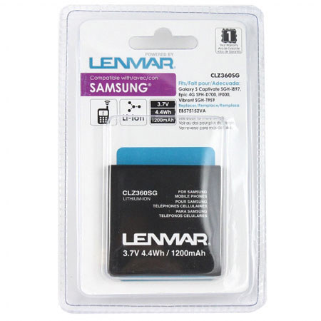 Lenmar CLZ360SG Lithium-Ion 3.7v / 1200mAh Battery, Fits Samsung Galaxy S Epic 4G SPH-D700, Galaxy S Vibrant SGH-T959, Galaxy S Captivate SGH-i897 Cellular Phones