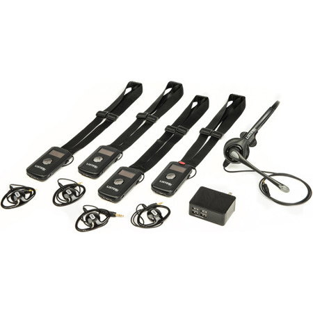 Listen Technologies LKS-1 Base 4 System with 4x LK-1 ListenTALK Transceivers, 1x LA-452 Headset 2, 1x LA-423 4-Port USB Charger