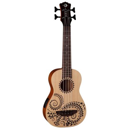 Luna Uke Baritone Bass Acoustic Electric Ukulele with Preamplifier, 15 Frets, C Shape Neck, Rosewood Fingerboard, Satin Natural, Tattoo