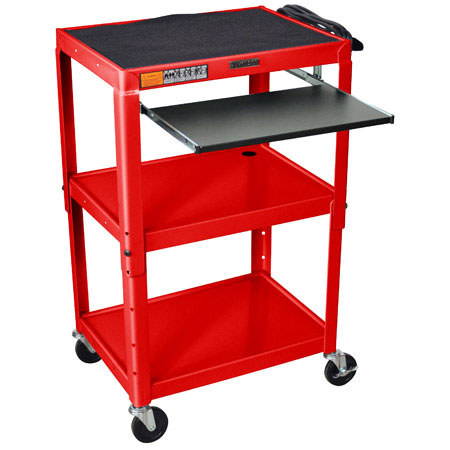 Luxor AVJ42KB Adjustable Height Steel Cart with Pullout Keyboard Tray, Red