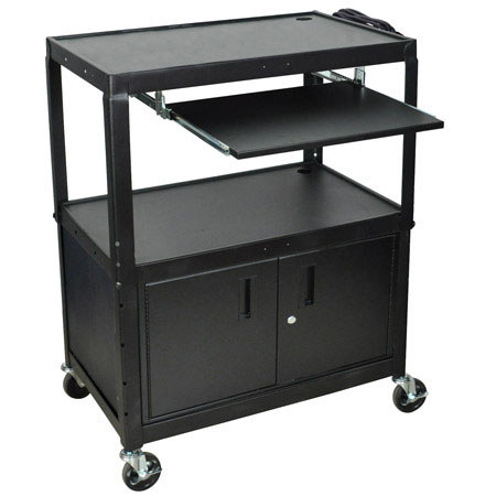 Luxor AVJ42XLKBC Extra Large Steel Cart with Keyboard Shelf & Cabinet, Black
