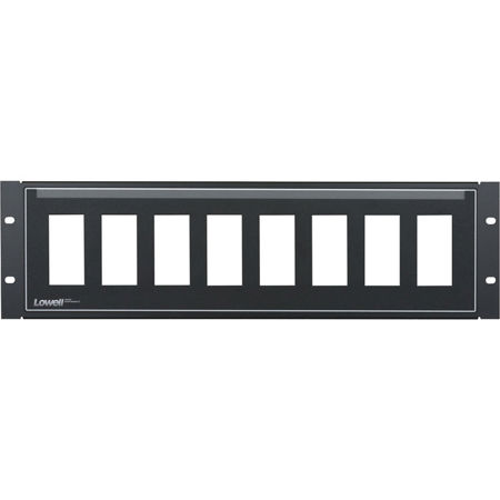 Lowell Manufacturing D8P-ID-3 3U 16-Gauge Steel Rackmount Panel with Rear Lacing Flange for 8 Decorator Style Devices, Black