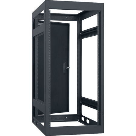 Lowell Manufacturing LGNR 24U 32" Depth Open Frame Narrow Gangable Rack with Rear Door and 4x Adjustable Rails for Multi Bay Cable Routing, Black