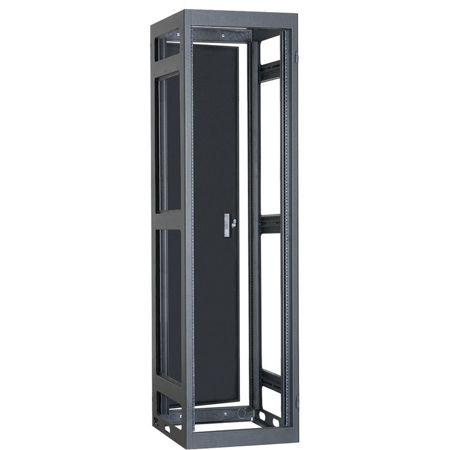 Lowell Manufacturing LGNR 40U 32" Depth Open Frame Narrow Gangable Rack with Rear Door and 4x Adjustable Rails for Multi Bay Cable Routing, Black