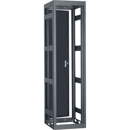 Lowell Manufacturing LGNR 44U 36" Depth Open Frame Narrow Gangable Rack with Rear Door and 4x Adjustable Rails for Multi Bay Cable Routing, Black