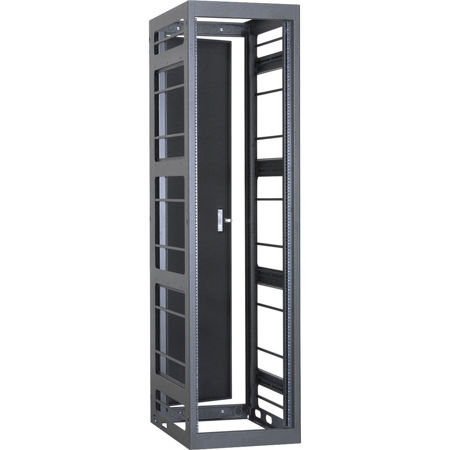 Lowell Manufacturing LGVR 44U 32" Depth Open Frame Gangable Video Rack with Rear Door and 4x Adjustable Rails for Multi-Bay Cable Routing, Black