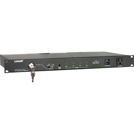 Lowell Manufacturing ACSPR-SEQ4-1509K 1U 15A Rackmount Power Panel with 9' Attached Cord, Nine Total Outlets, 3-Stage Surge Suppression, 4-Step Sequencer, Key Switch
