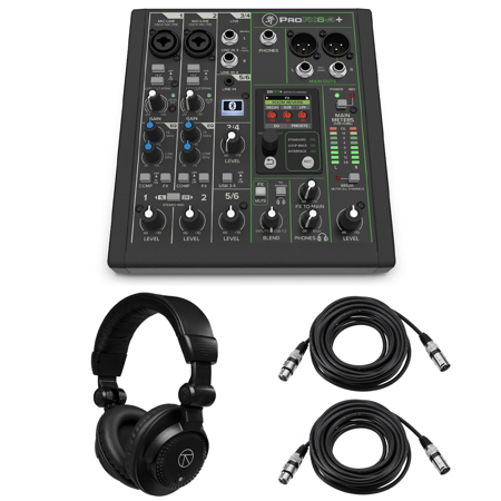 Mackie ProFX6v3+ 6-Channel Bluetooth Analog Mixer with Enhanced FX, Bundle with TAPH100 Headphones and 2x 25' 3-Pin XLR Microphone Cable