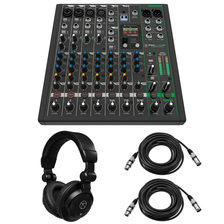 Mackie ProFX10v3+ 10-Channel Bluetooth Analog Mixer with Enhanced FX, Bundle with TAPH100 Headphones and 2x 25' 3-Pin XLR Microphone Cable