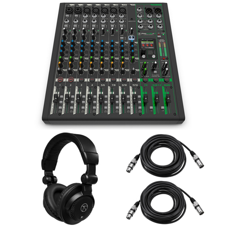 Mackie ProFX12v3+ 12-Channel Bluetooth Analog Mixer with Enhanced FX, Bundle with TAPH100 Headphones and 2x 25' 3-Pin XLR Microphone Cable