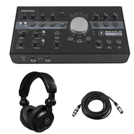 Mackie Big Knob Studio+ 4x3 Monitor Controller and Interface, Bundle with TAPH100 Closed-Back Studio Monitor Headphones and 15' Value Series XLR M to F Professional Microphone Cable