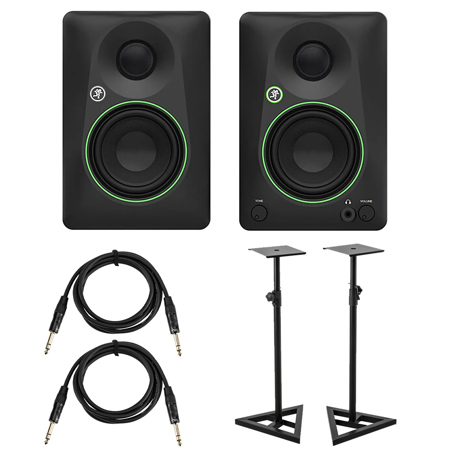 Mackie CR3.5 3.5" Creative Reference Powered Studio Monitors, Pair, Black, Bundle with 2x Studio Monitor Stand and 2x 6' Platinum Pro Interconnect Cable