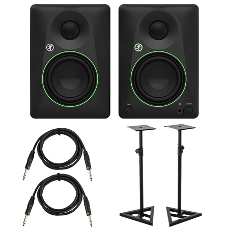 Mackie CR4.5 4.5" Creative Reference Powered Studio Monitors, Pair, Black, Bundle with 2x Studio Monitor Stand & 2x 6' Platinum Pro Interconnect Cable