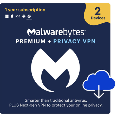 Malwarebytes Premium Security Software with Privacy VPN 1-Year Subscription, 2-Device, Download