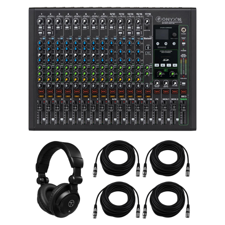 Mackie Onyx 16-Ch Analog Mixer, Bundle w/TAPH100 Headphones and 4x 50' XLR Cable