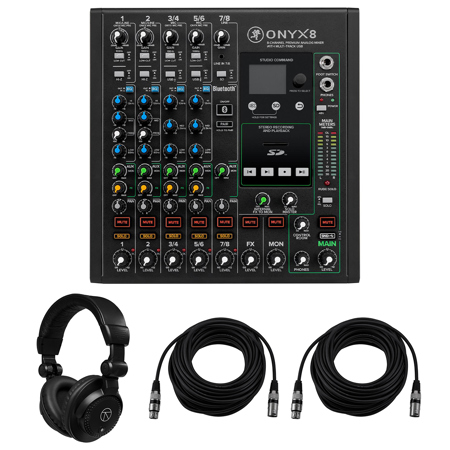 Mackie Onyx 8-Channel Premium Analog Mixer with Multi-Track USB, Bundle with TAPH100 Headphones and 2x 50' XLR Microphone Cable