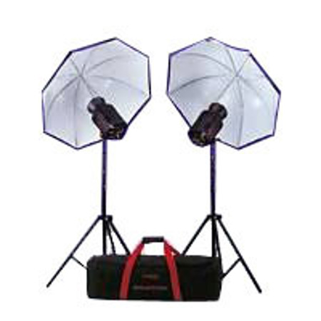 Multiblitz Profilux 200 2-Light Location Set (w/2 200WS Profilux Lights Reflectors, Umbrellas, Stands, Sync Cords & Case)