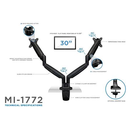 Mount-It! Adjustable Gas Spring Desk Mount for Dual 15-34" Monitor, Black