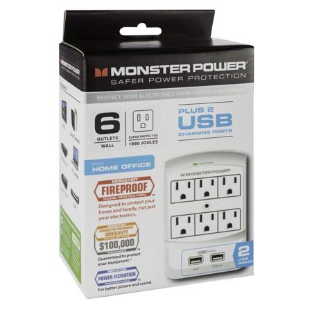 Monster Cable Core Power 650 USB Wall Outlet Surge Protector, White
