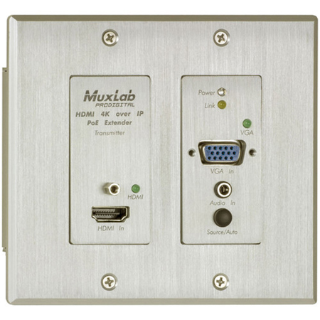 Muxlab 4K UHD HDMI/VGA Over IP PoE Wall Plate Transmitter for Select RX,Aluminum
