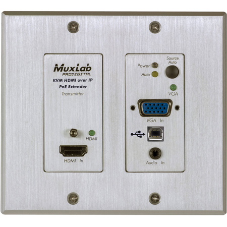 Muxlab 4K UHD HDMI/VGA/USB Over IP PoE Wall Plate Transmitter, Aluminum