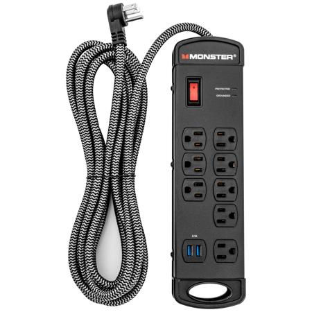 Monster Cable Pro MI 8-Outlet Surge Protector with 2x USB Ports and 15' Cord, Black