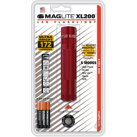 MagLite XL200 3-Cell AAA Tactical LED Flashlight, Blister Packaging, Red